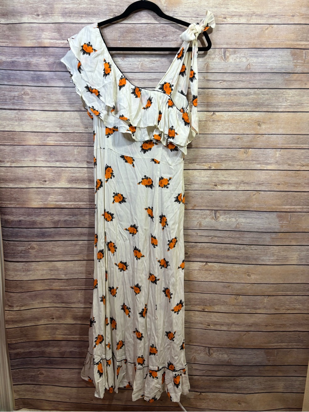 GANNI Floral Print Tie Shoulder Midi Dress Ivory Orange Size 6